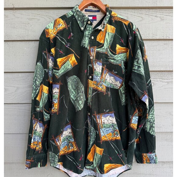 Tommy Hilfiger Fishing Print Sueded Flannel M - Picture 1 of 10
